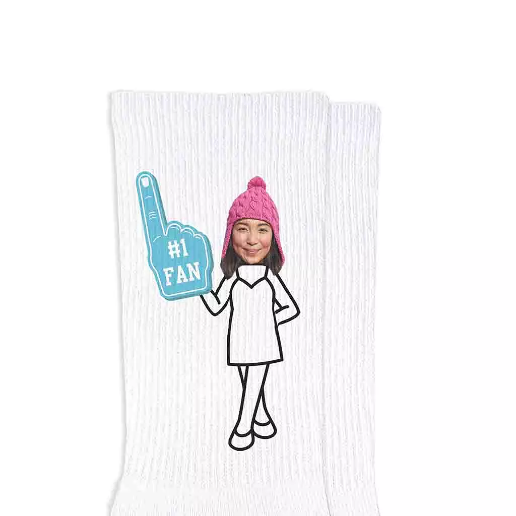 #1 Fan Custom Photo Faces on Cotton Crew Socks For Women