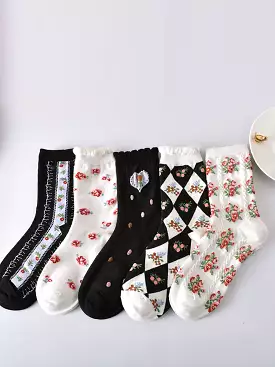 5 Pairs Women Artsy Summer Flower Jacquard Socks KL1038