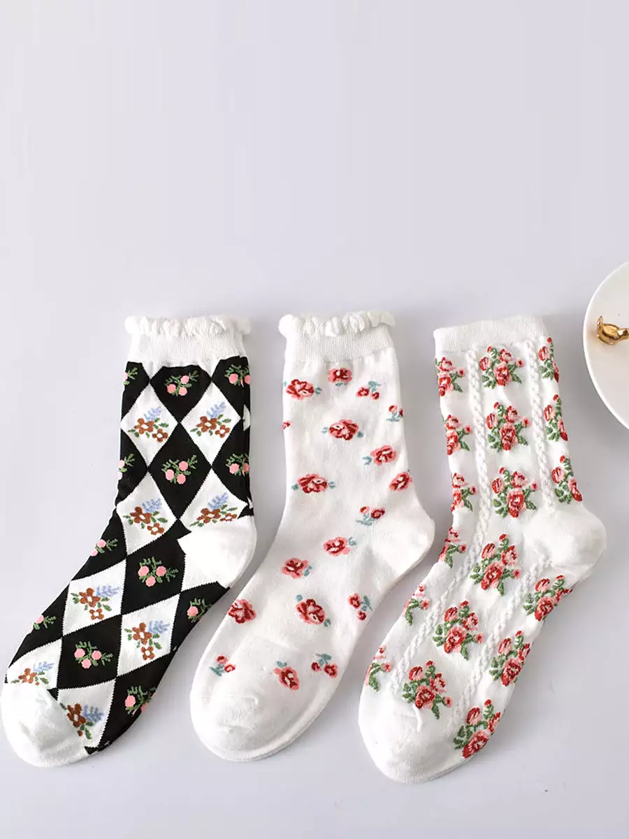 5 Pairs Women Artsy Summer Flower Jacquard Socks KL1038