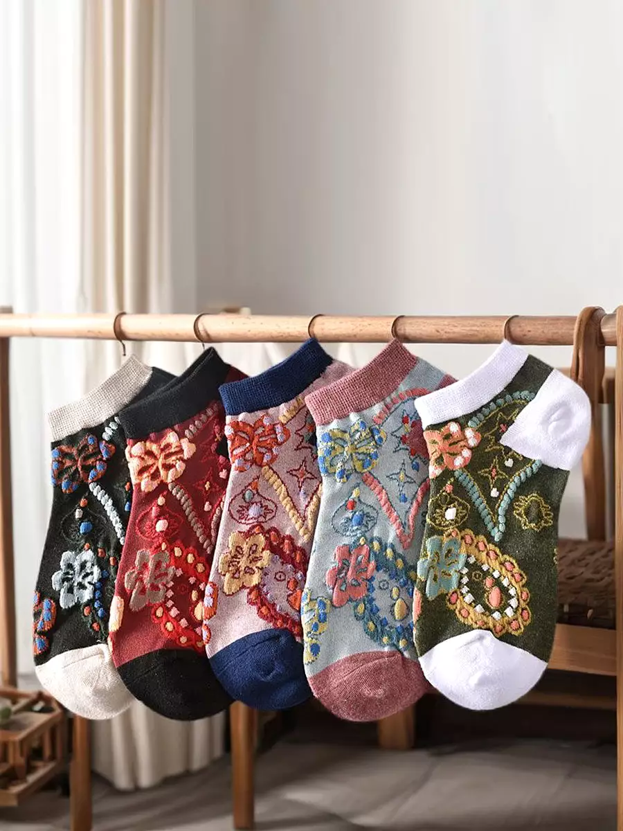 5 Pairs Women Summer Flower Jacquard Short Socks CO1040