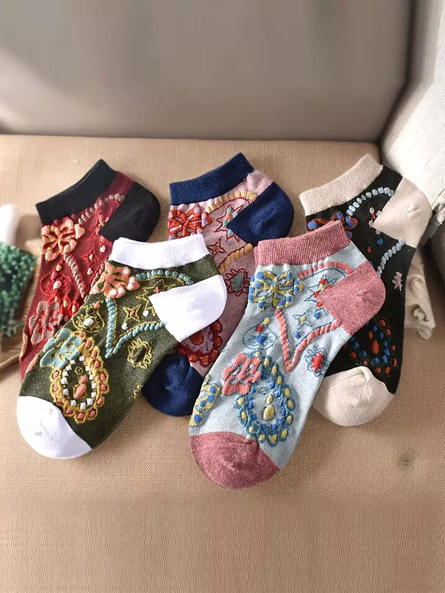 5 Pairs Women Summer Flower Jacquard Short Socks CO1040