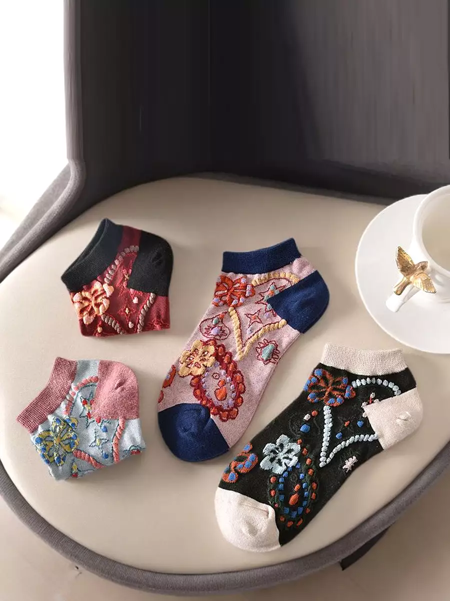 5 Pairs Women Summer Flower Jacquard Short Socks CO1040