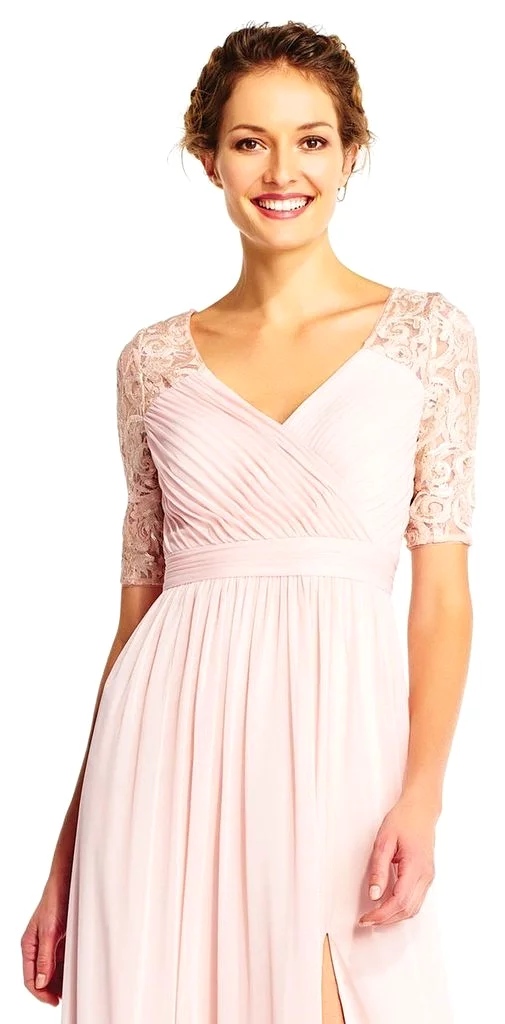 Adrianna Papell - Half Sleeve Pin-Tucked Bodice Long Gown AP1E201417 - 1 pc Blush In Size 12 Available