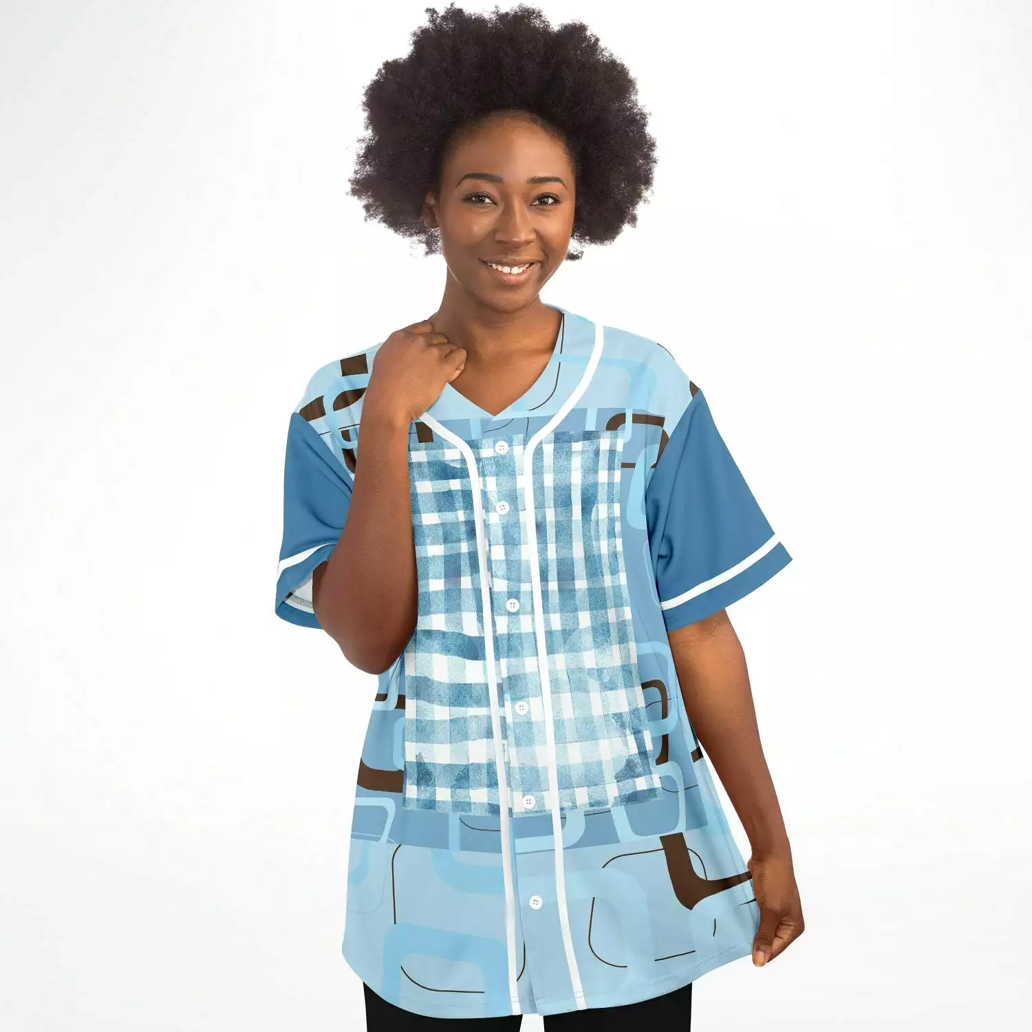 Blue Geo Patchwork Plaid Baseball Jersey