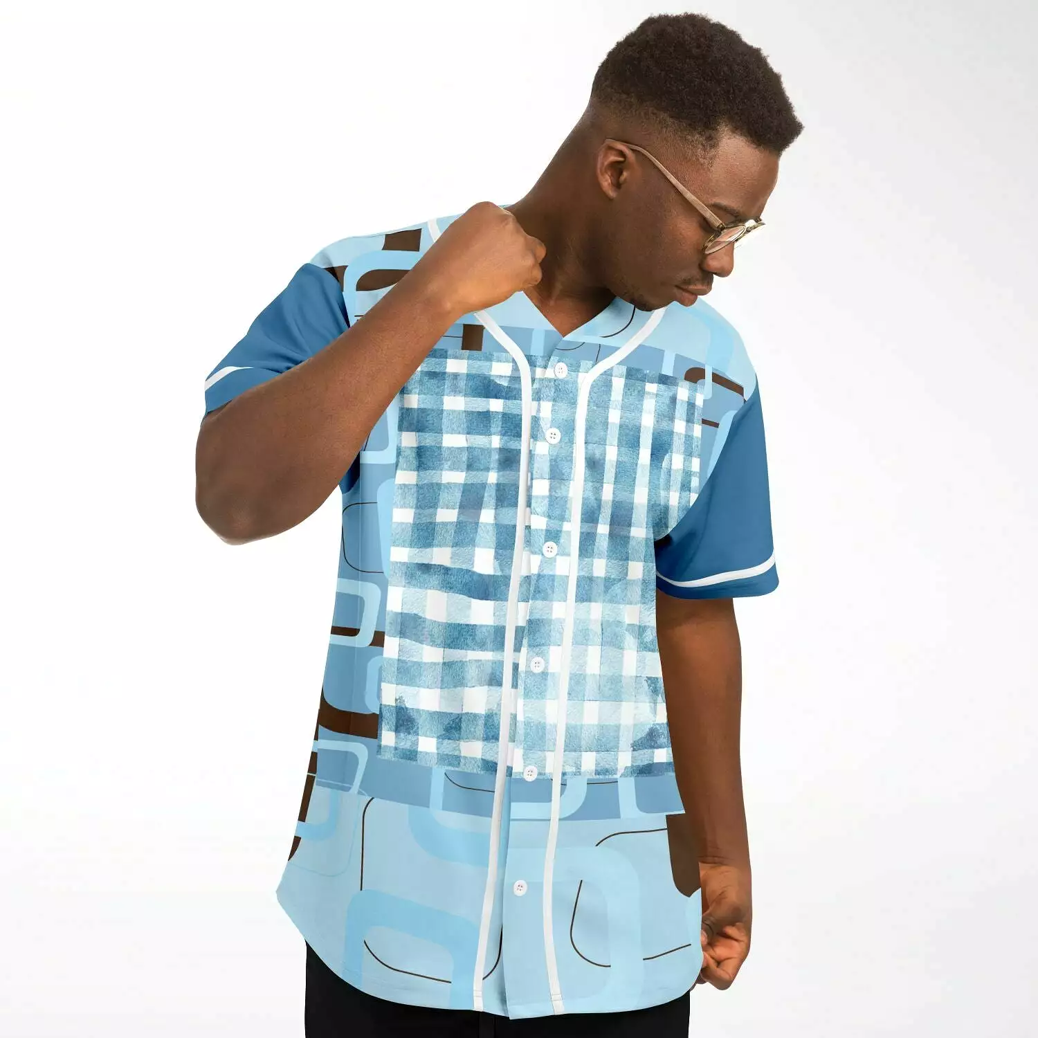 Blue Geo Patchwork Plaid Baseball Jersey