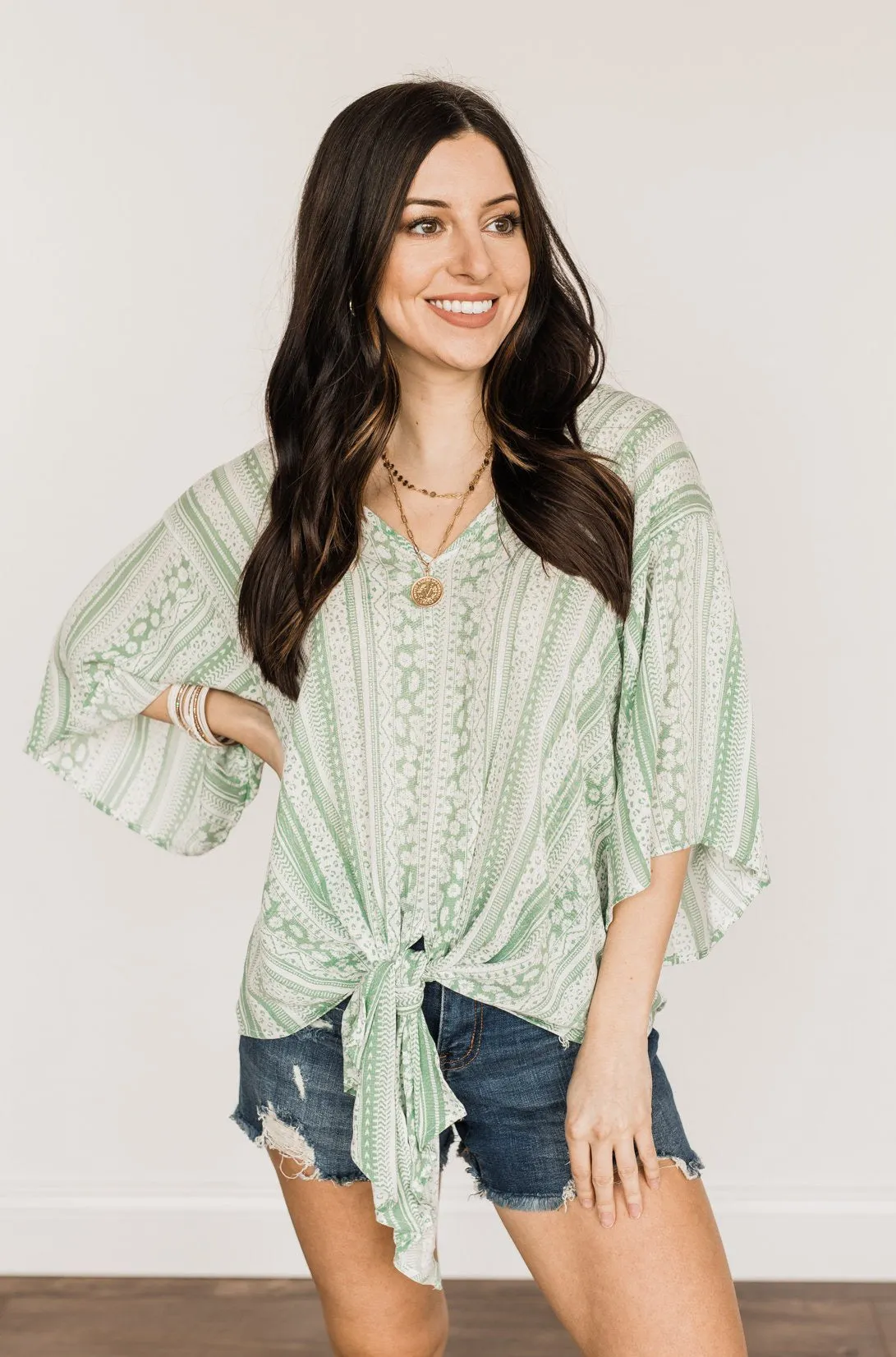 Born To Lead Front Tie Blouse- Sage & Ivory