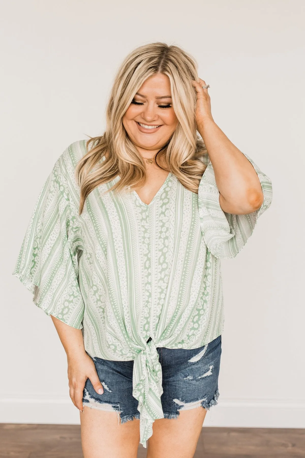 Born To Lead Front Tie Blouse- Sage & Ivory