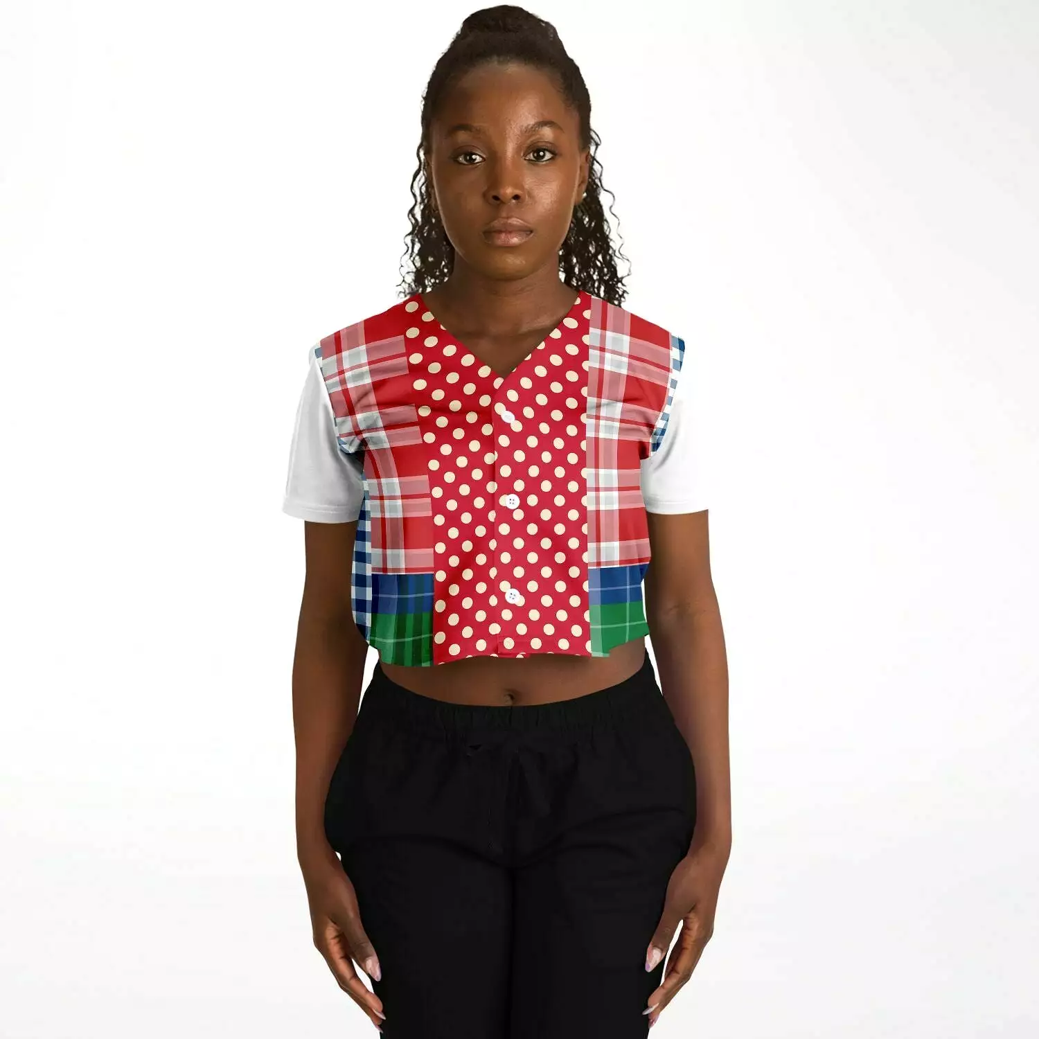 Busan Fleur Plaid Patchwork Cropped Button Front Jersey