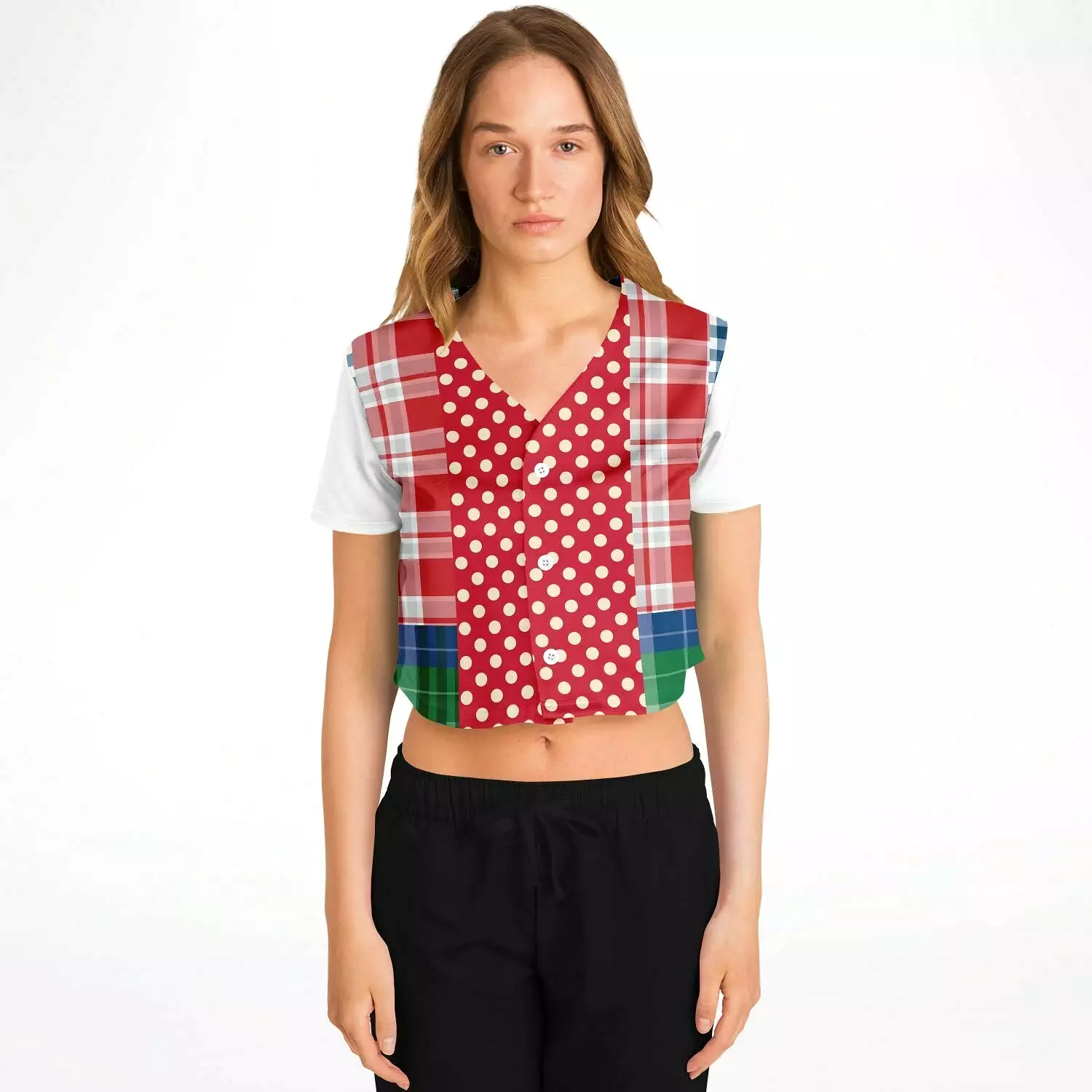 Busan Fleur Plaid Patchwork Cropped Button Front Jersey