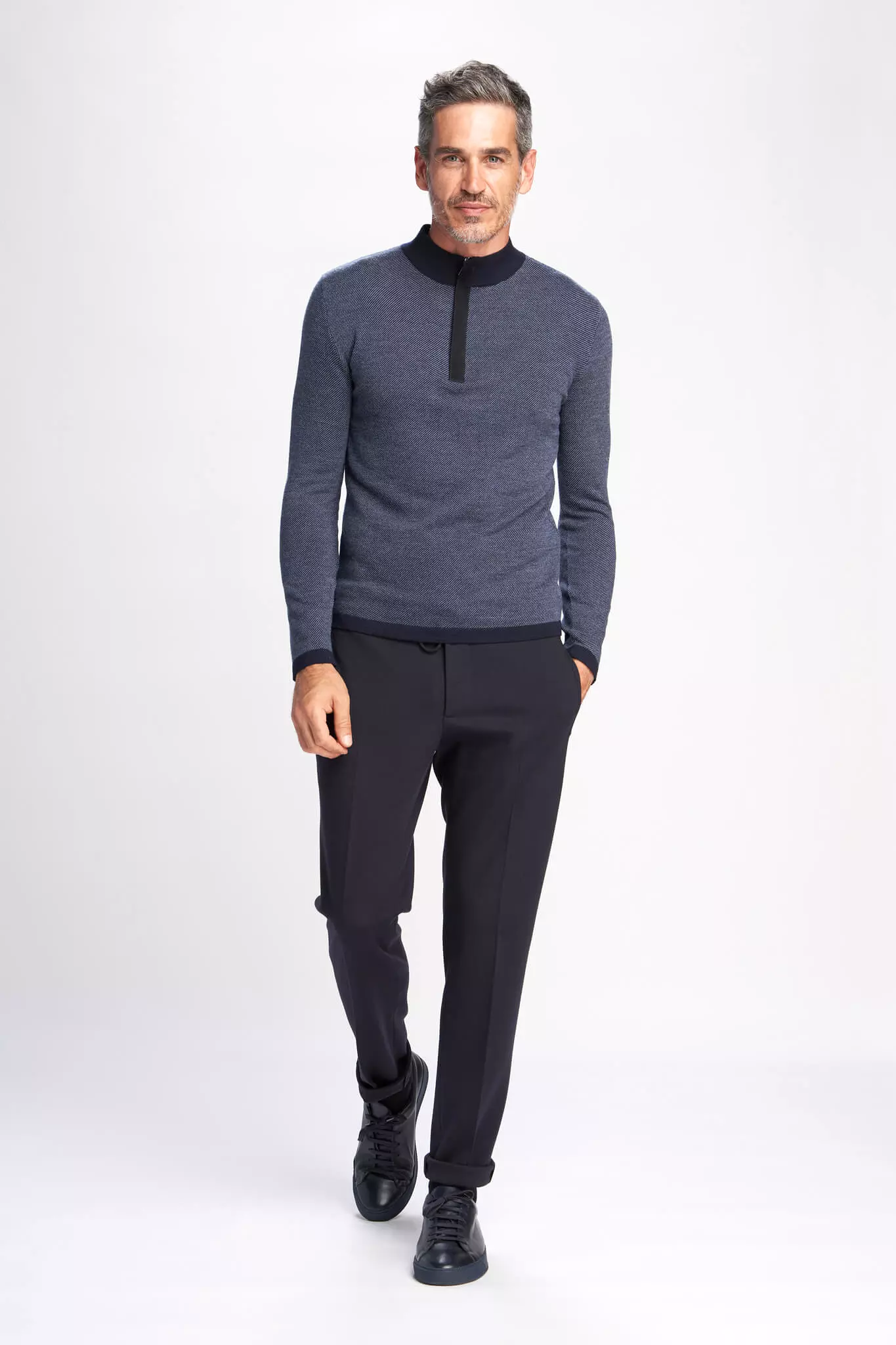 Gad knit half zip bicolor jumper in wool and leather detail