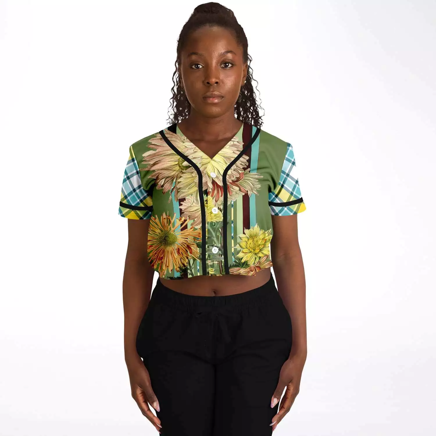 Green Caravan Floral Cropped Button Front Jersey