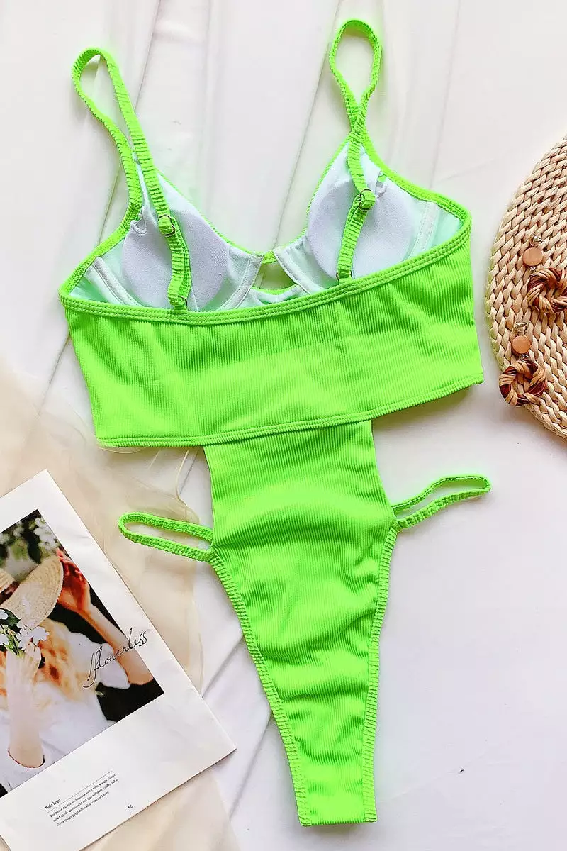 Green Ribbed Underwire One Piece Cut Out Swimsuit