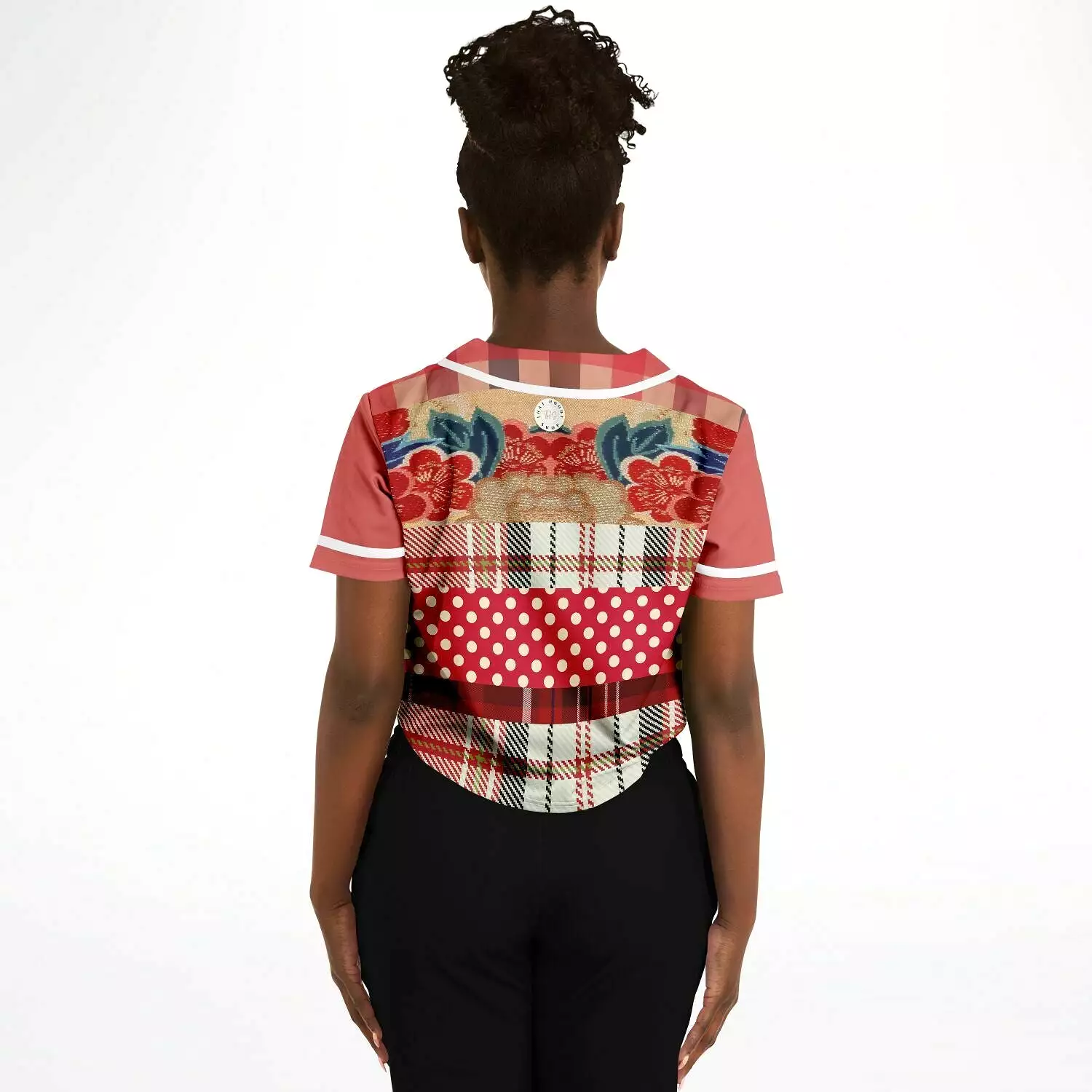 Jersey Salsa Floral Plaid Patchwork Cropped Button Front Jersey