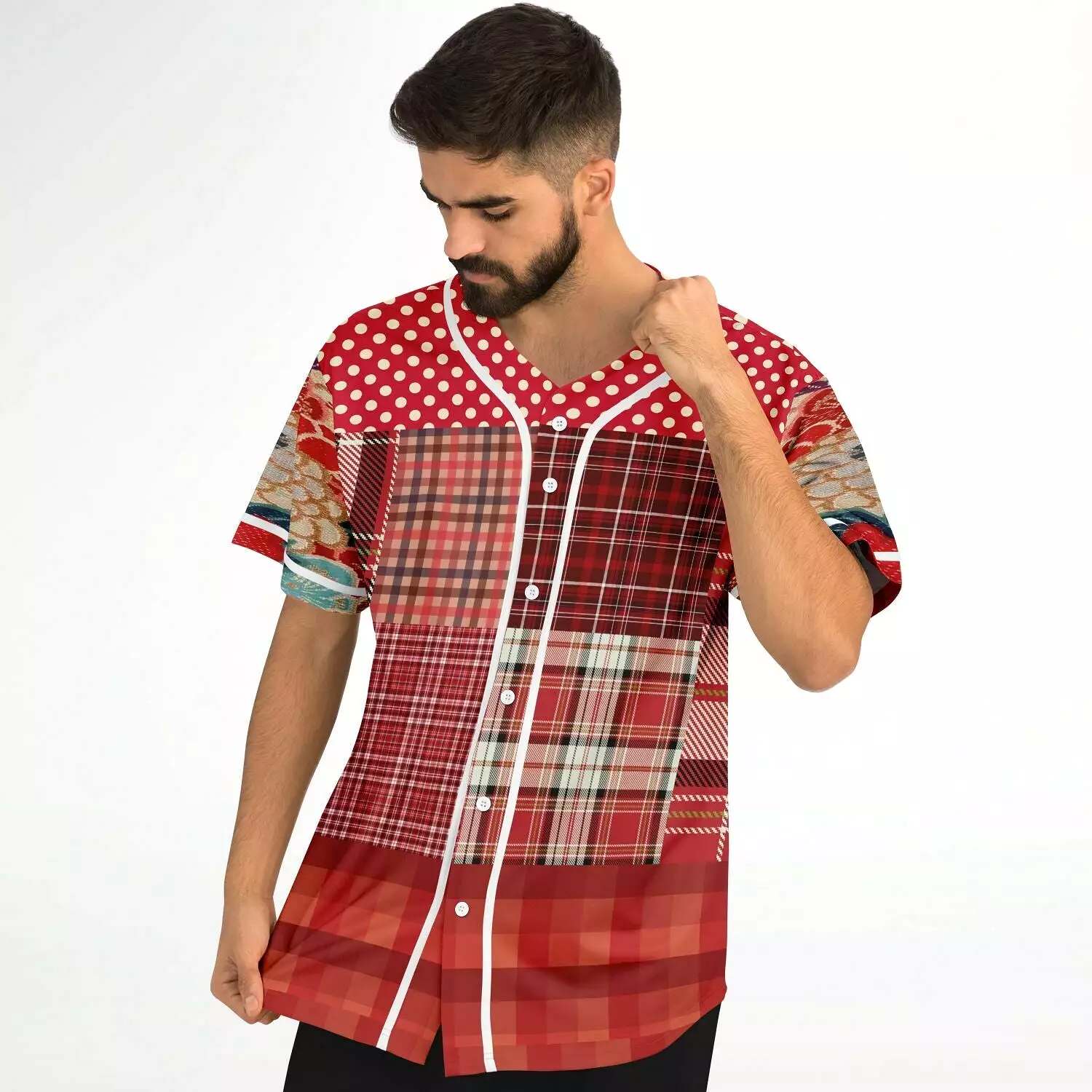 Jersey Salsa Plaid Patchwork Button Front Jersey