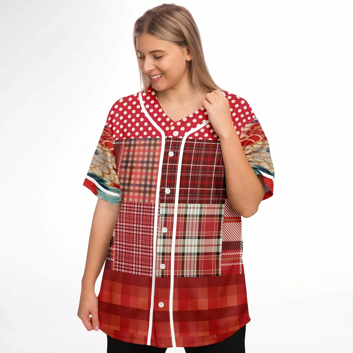 Jersey Salsa Plaid Patchwork Button Front Jersey