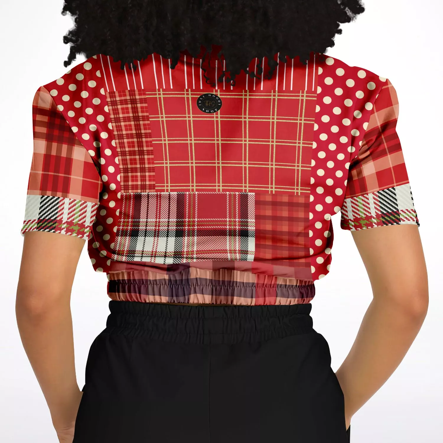 Jersey Salsa Plaid Patchwork Short Sleeve Cropped Eco-Poly Sweater