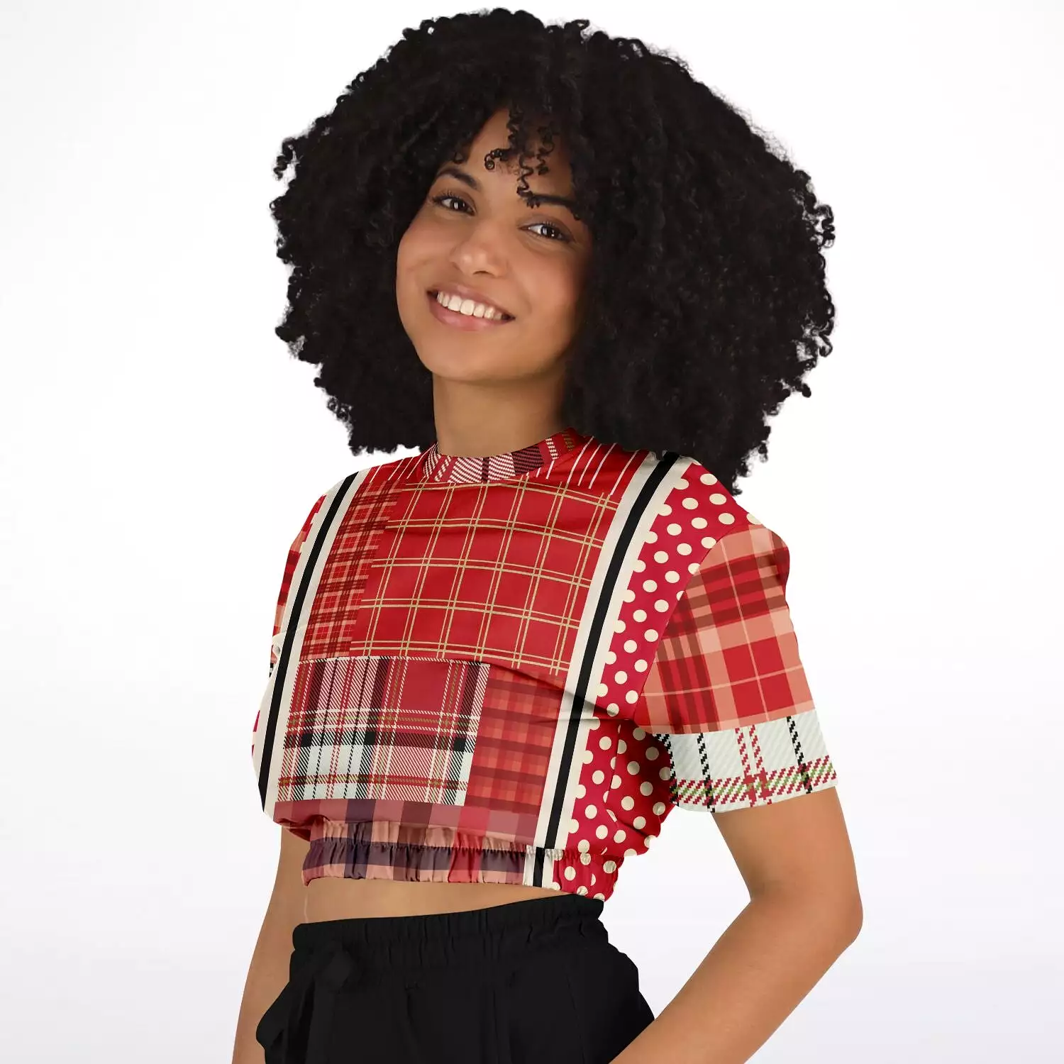 Jersey Salsa Plaid Patchwork Short Sleeve Cropped Eco-Poly Sweater