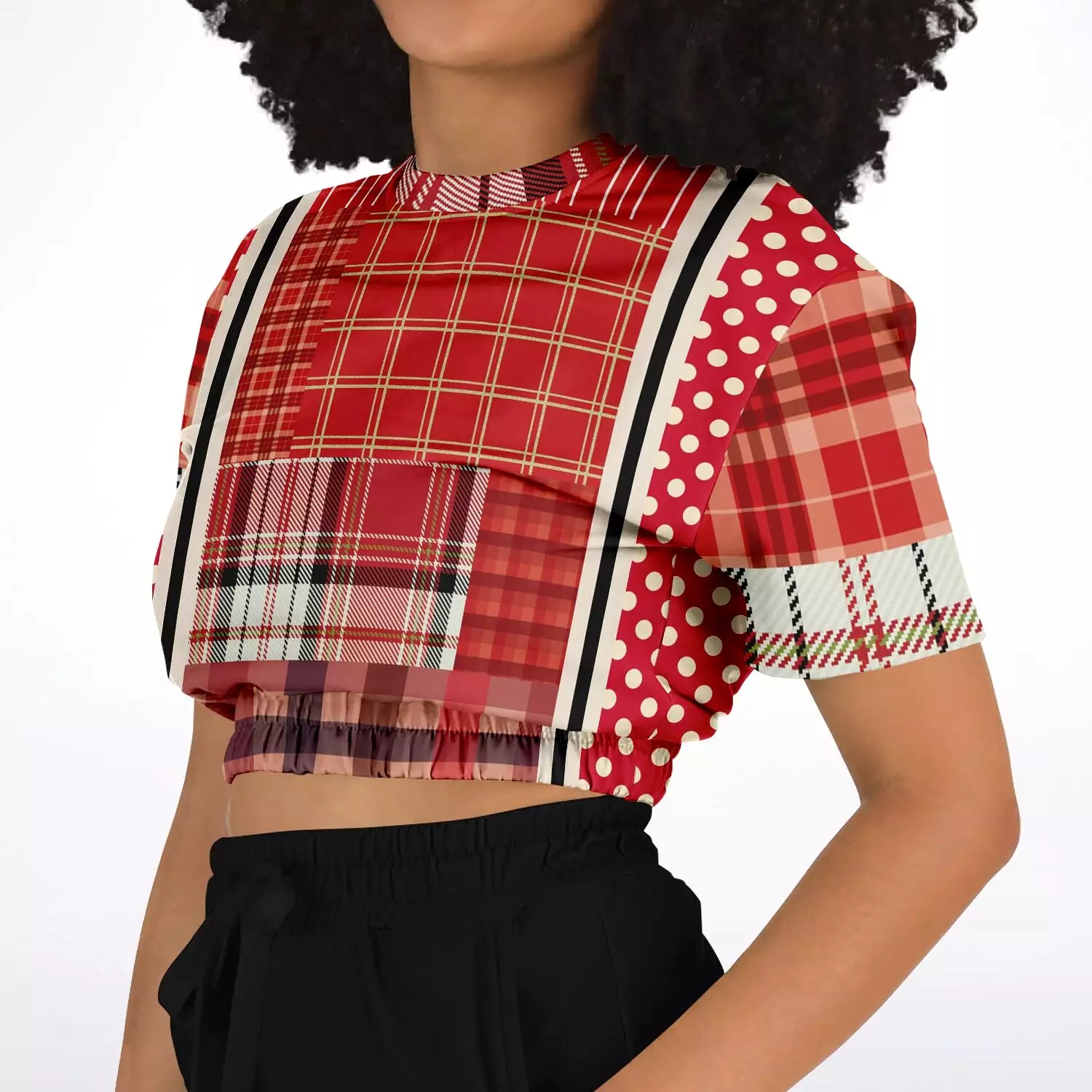 Jersey Salsa Plaid Patchwork Short Sleeve Cropped Eco-Poly Sweater