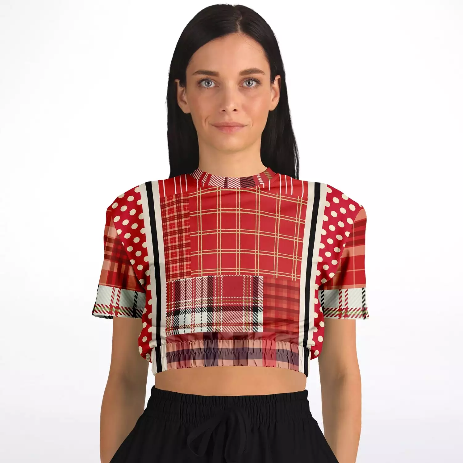 Jersey Salsa Plaid Patchwork Short Sleeve Cropped Eco-Poly Sweater