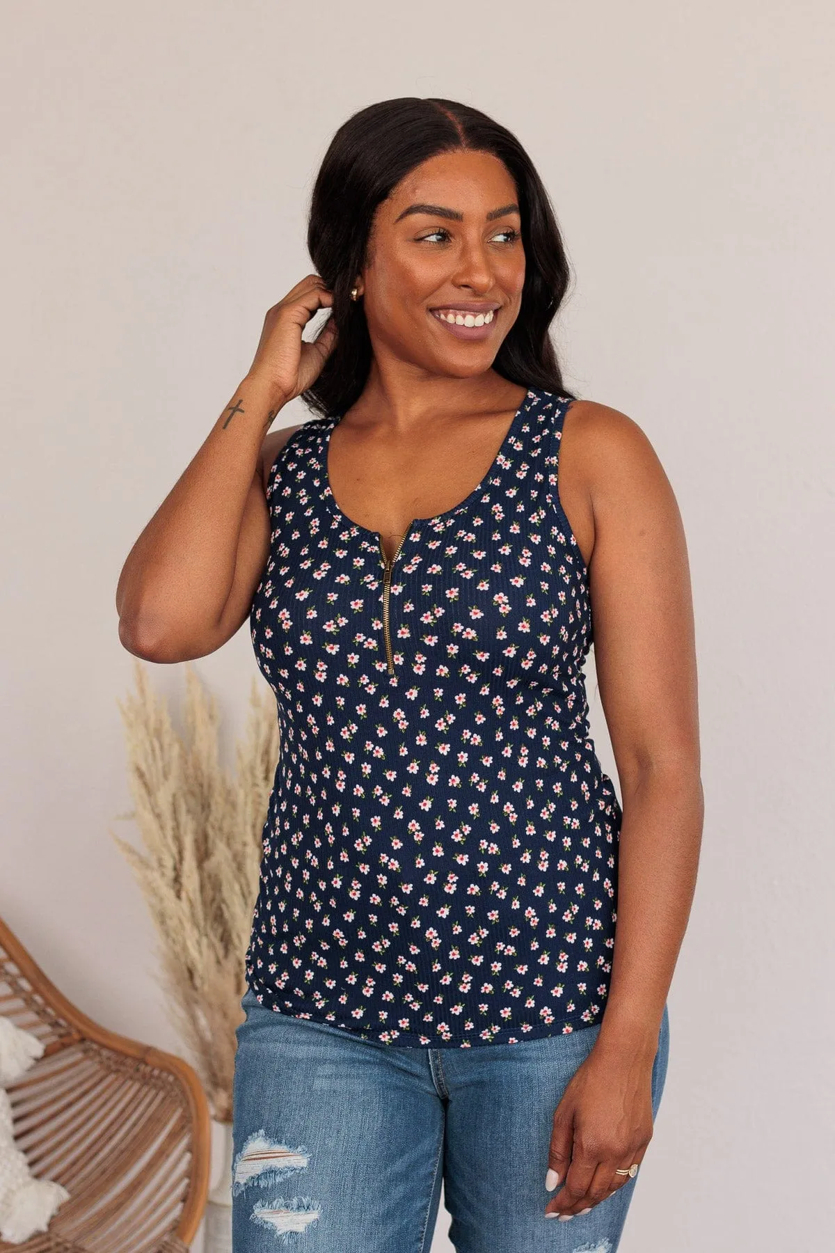 Magical Mornings Zipper Henley Tank Top- Dark Blue