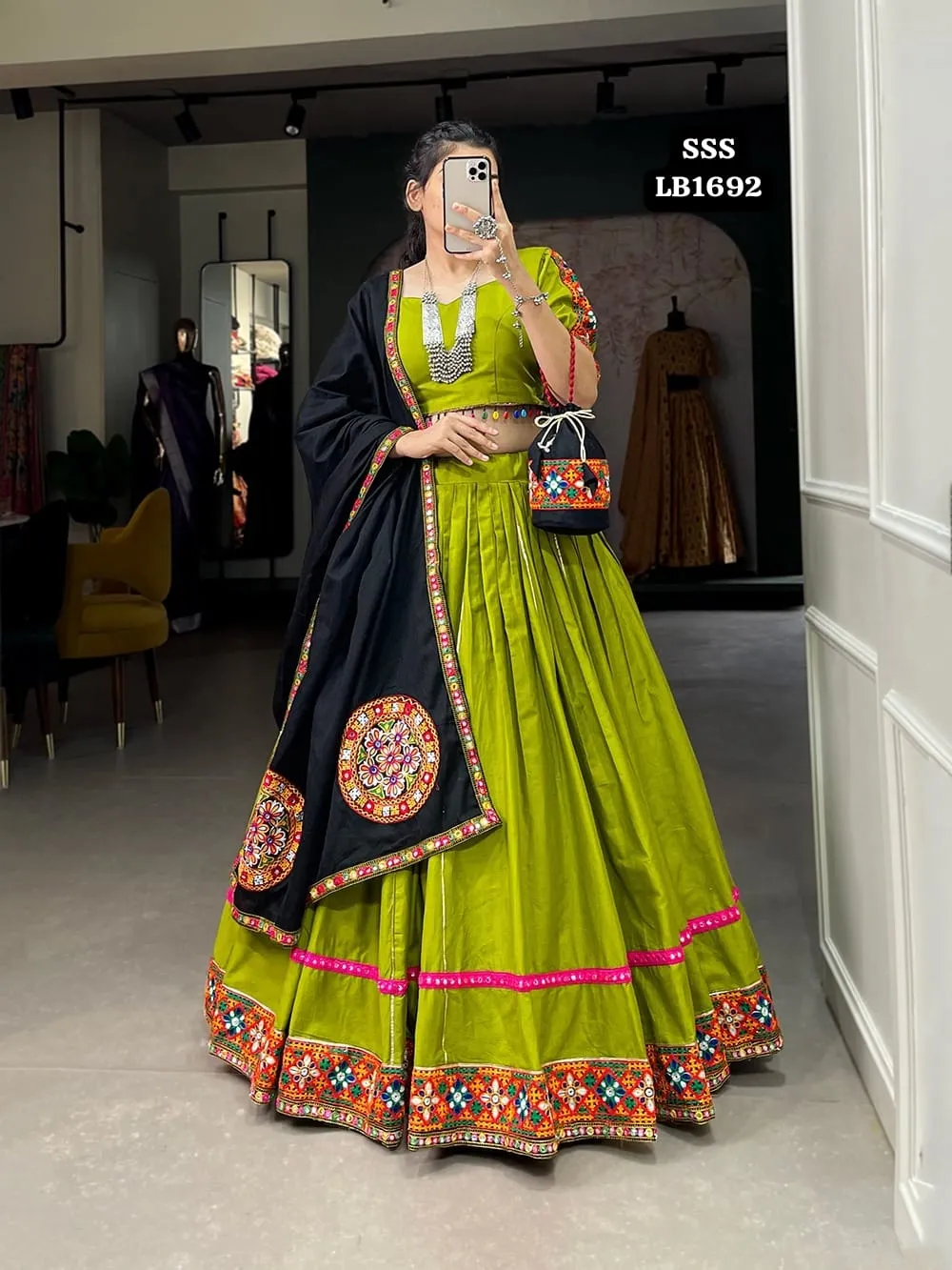 Parrot  Green shade Navratri Collection 2023 Traditional Design Gamthi work Lehenga -SSS001LN