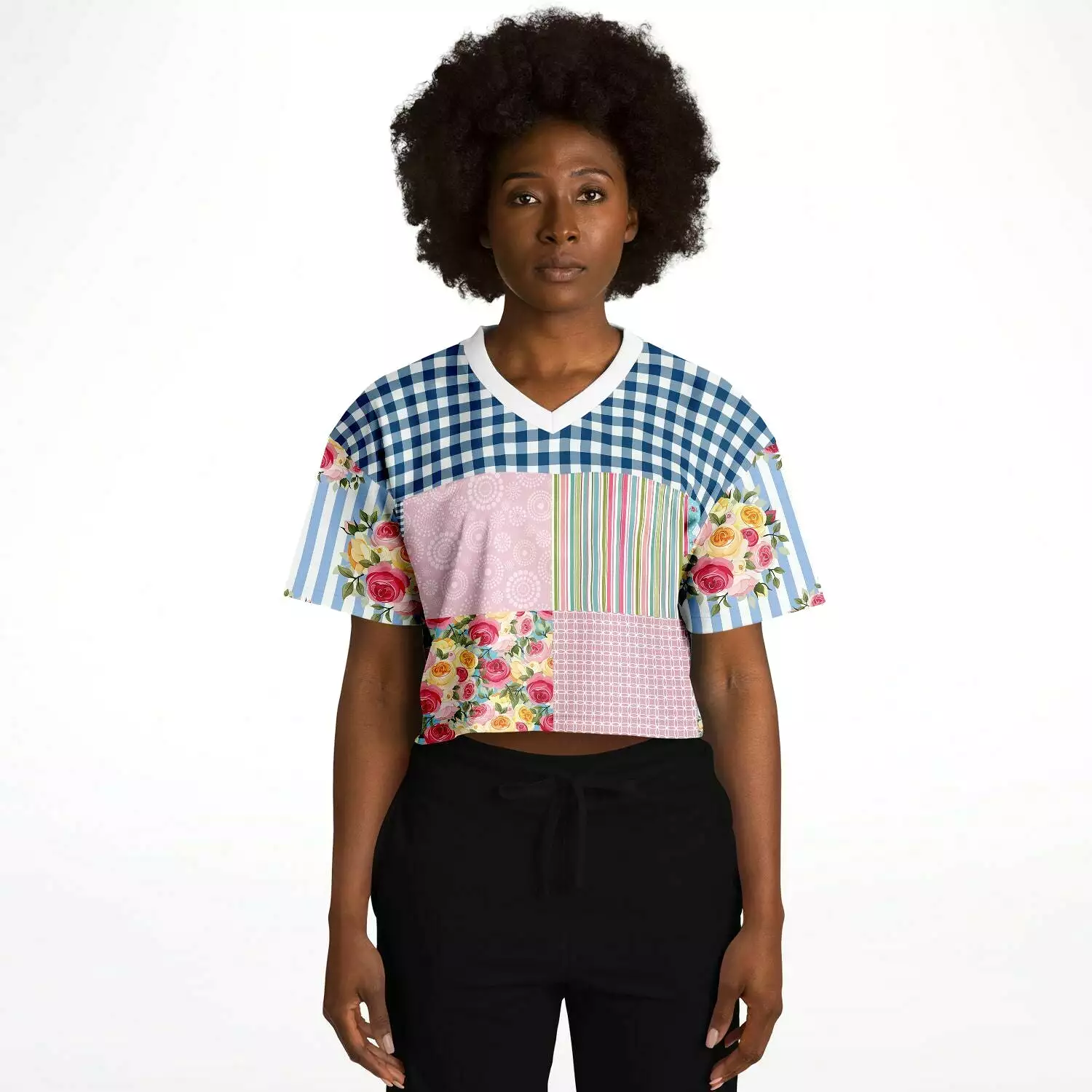 Pink Sherbert Floral Patchwork Plaid Crop Jersey