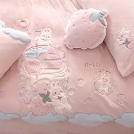 Premium collection warm and soft  milky fleece rabbit strawberry bedding set