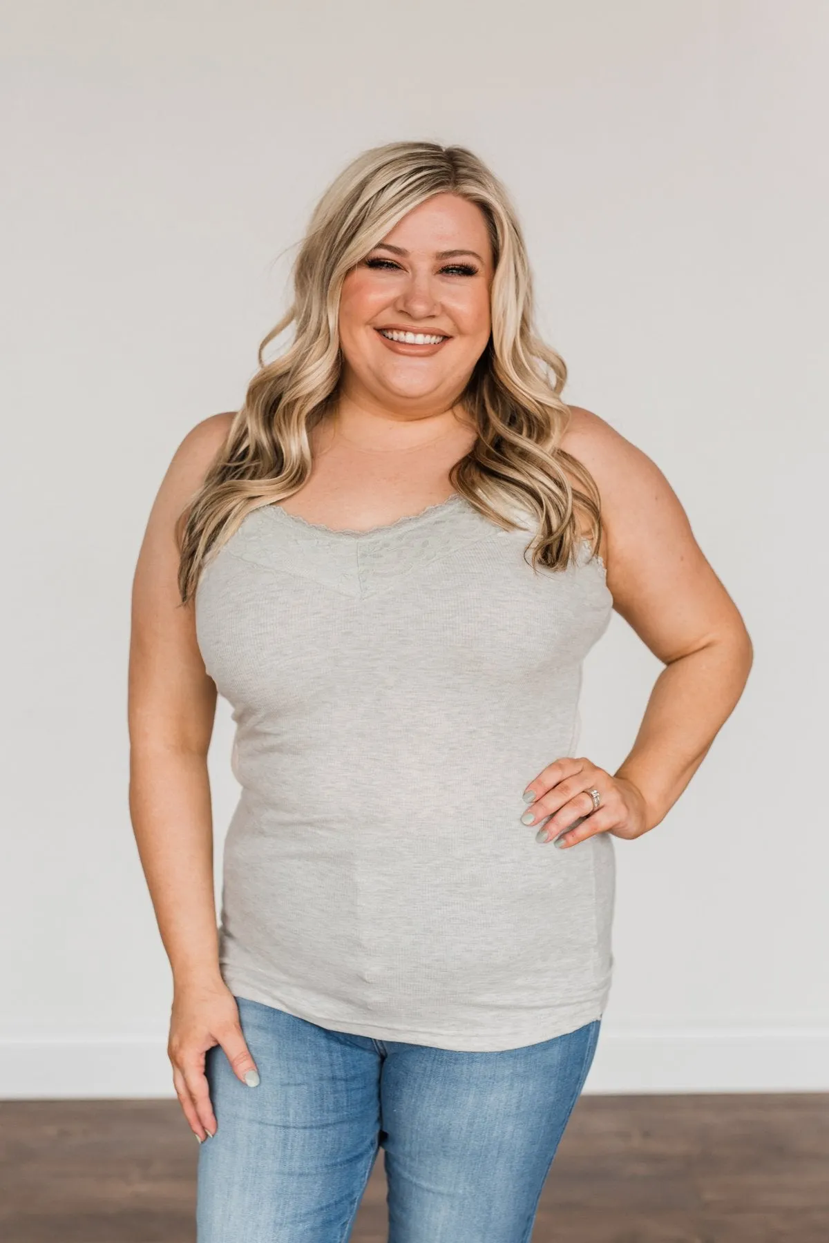 Pulse Basics Lace Trimmed Tank Top- Heather Grey