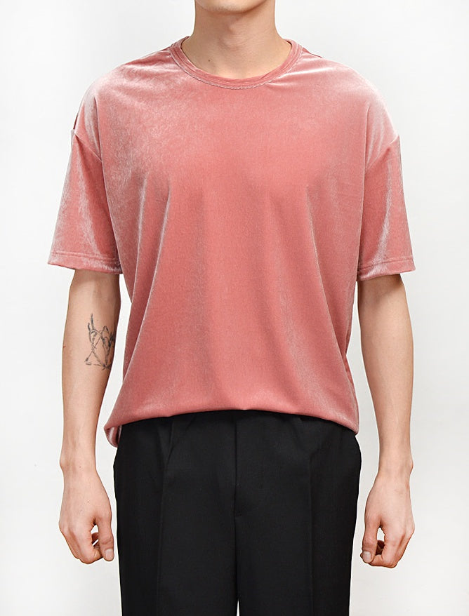 Salmon Pink Velvet Short Sleeved T-Shirts Mens Loose Fit Velour Tees