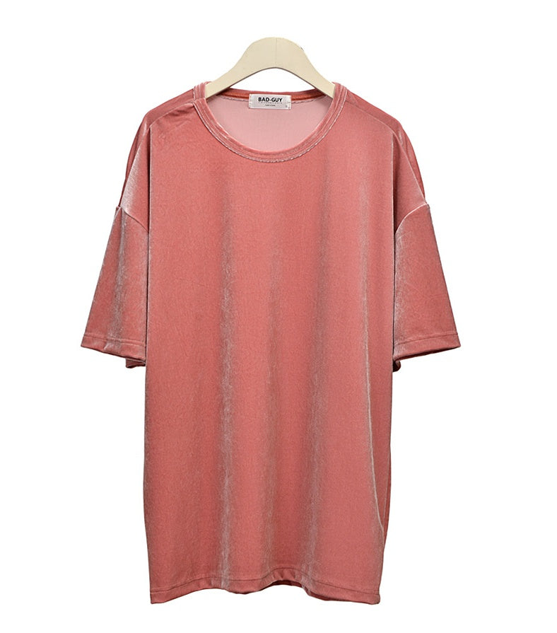 Salmon Pink Velvet Short Sleeved T-Shirts Mens Loose Fit Velour Tees