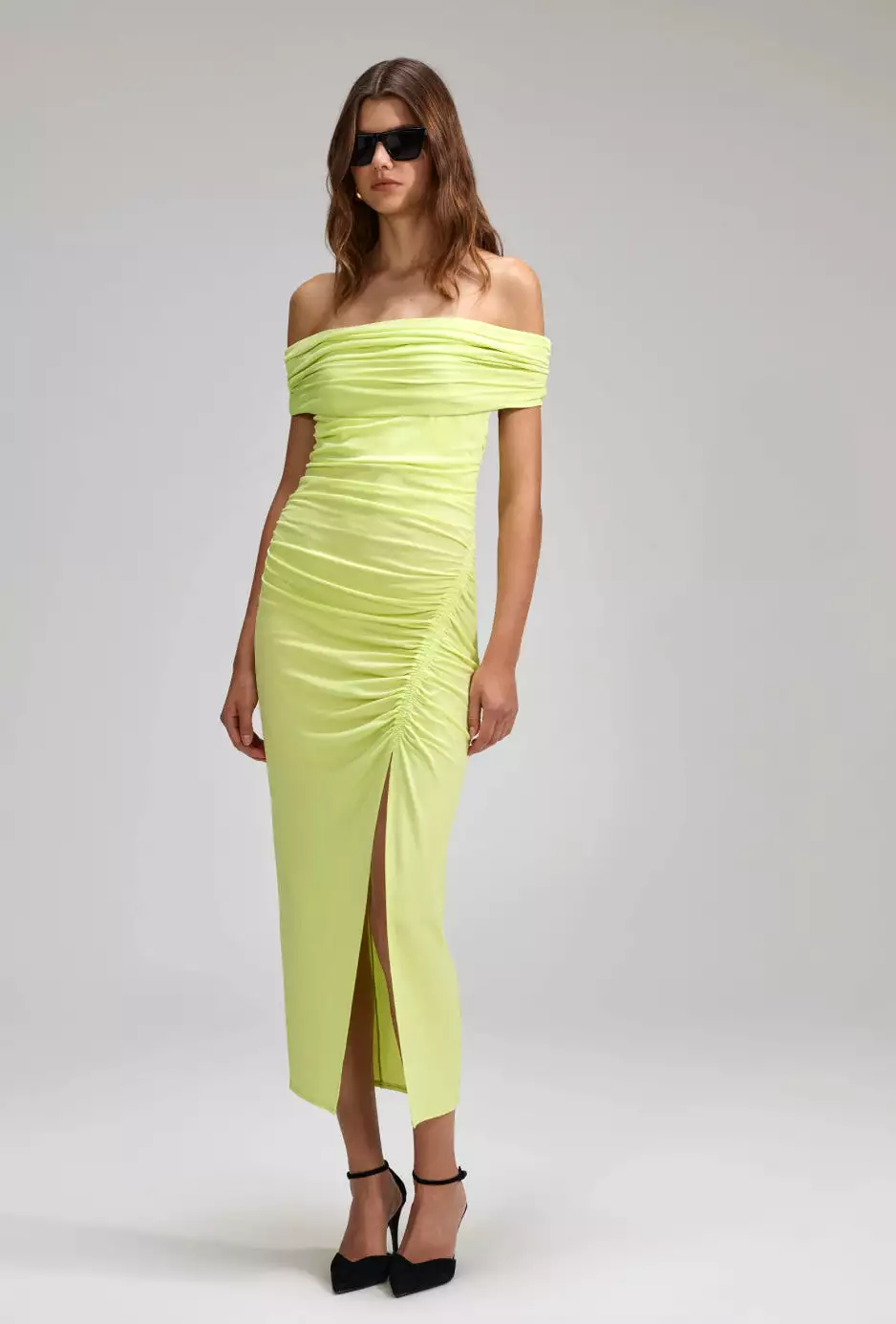 Self- Portrait - Lime Jersey Off Shoulder Midi Dress - Green