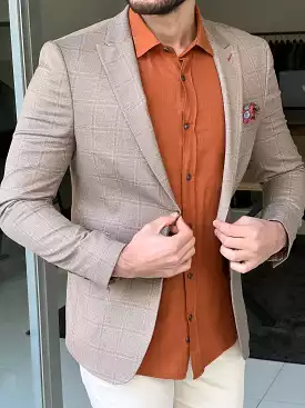 Slim Fit Plaid Beige Jacket