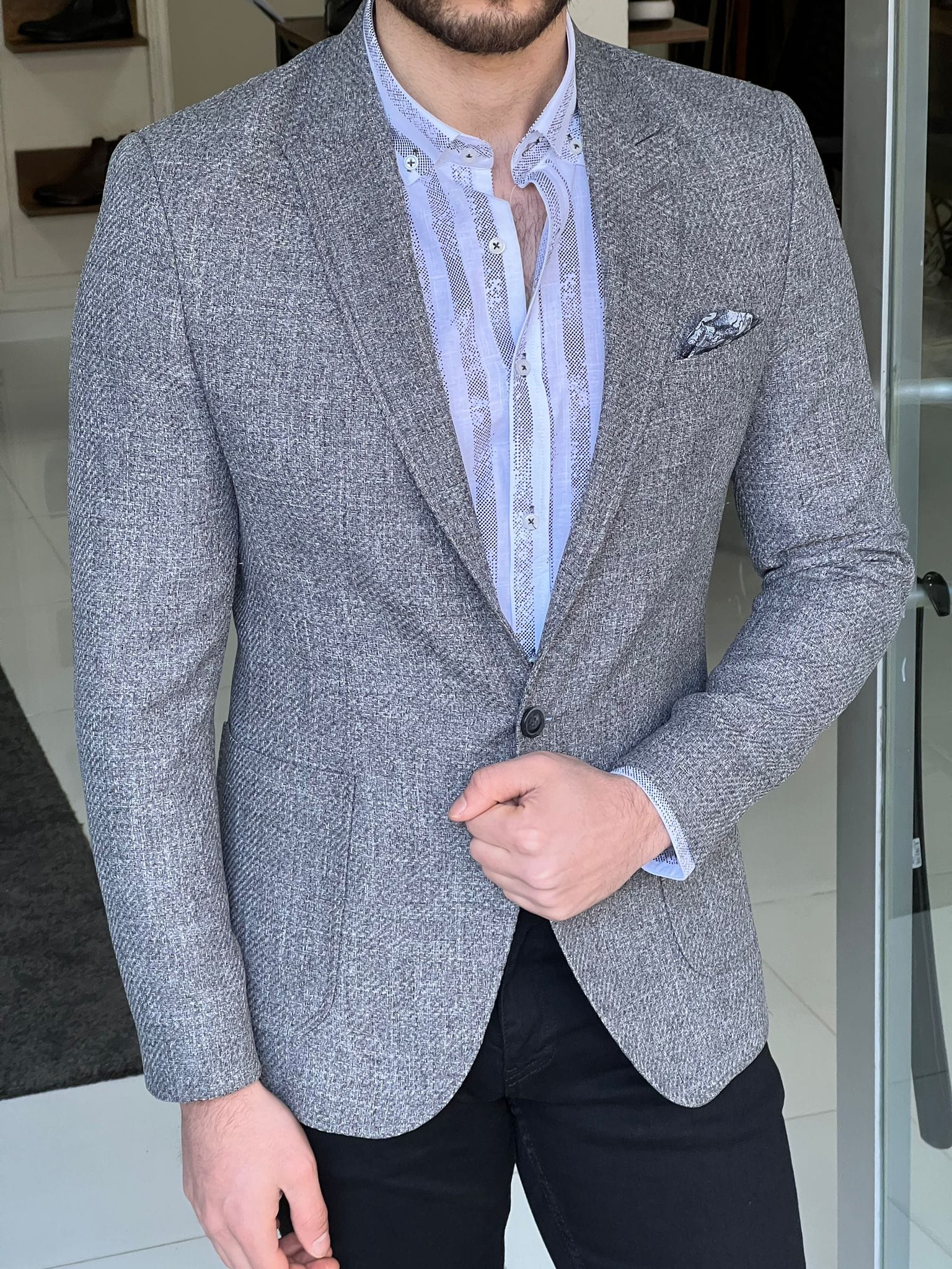 Slim Fit Self-Patterned Grey Jacket