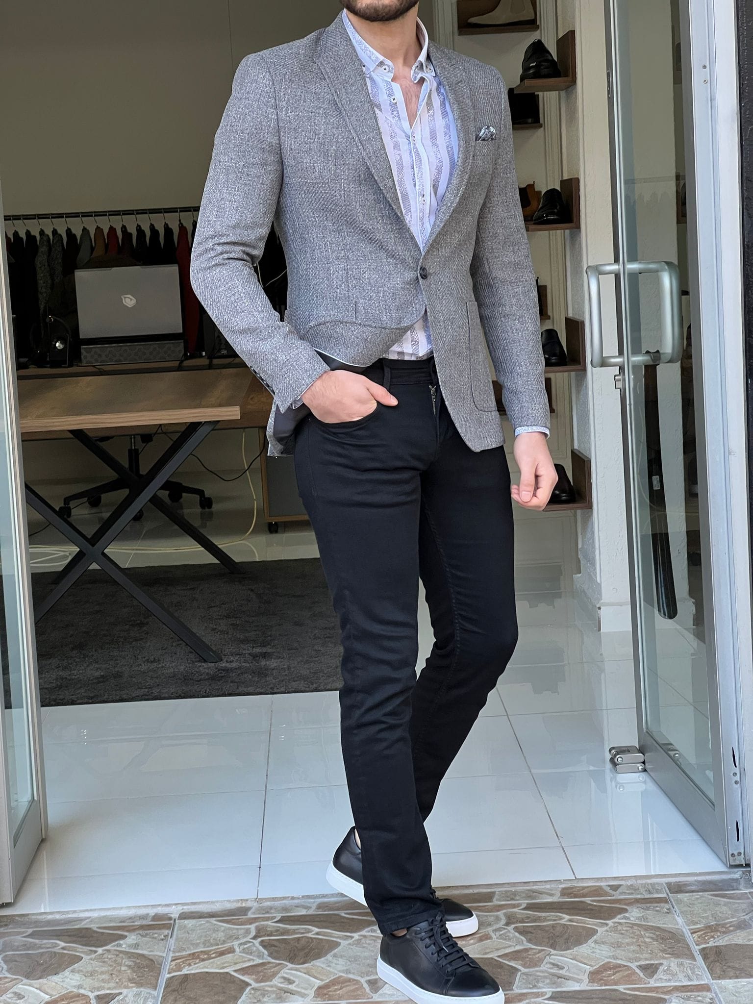 Slim Fit Self-Patterned Grey Jacket