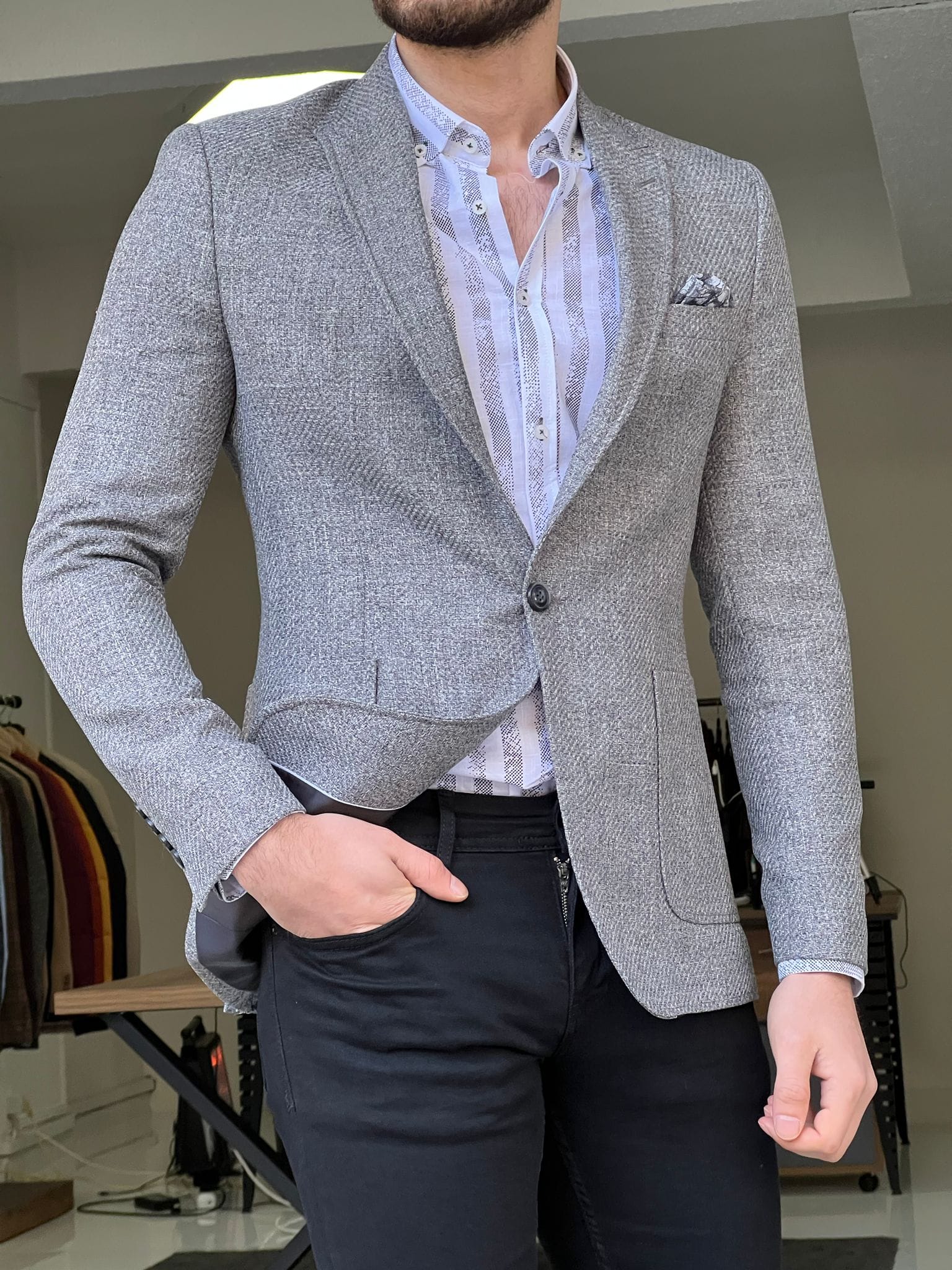 Slim Fit Self-Patterned Grey Jacket