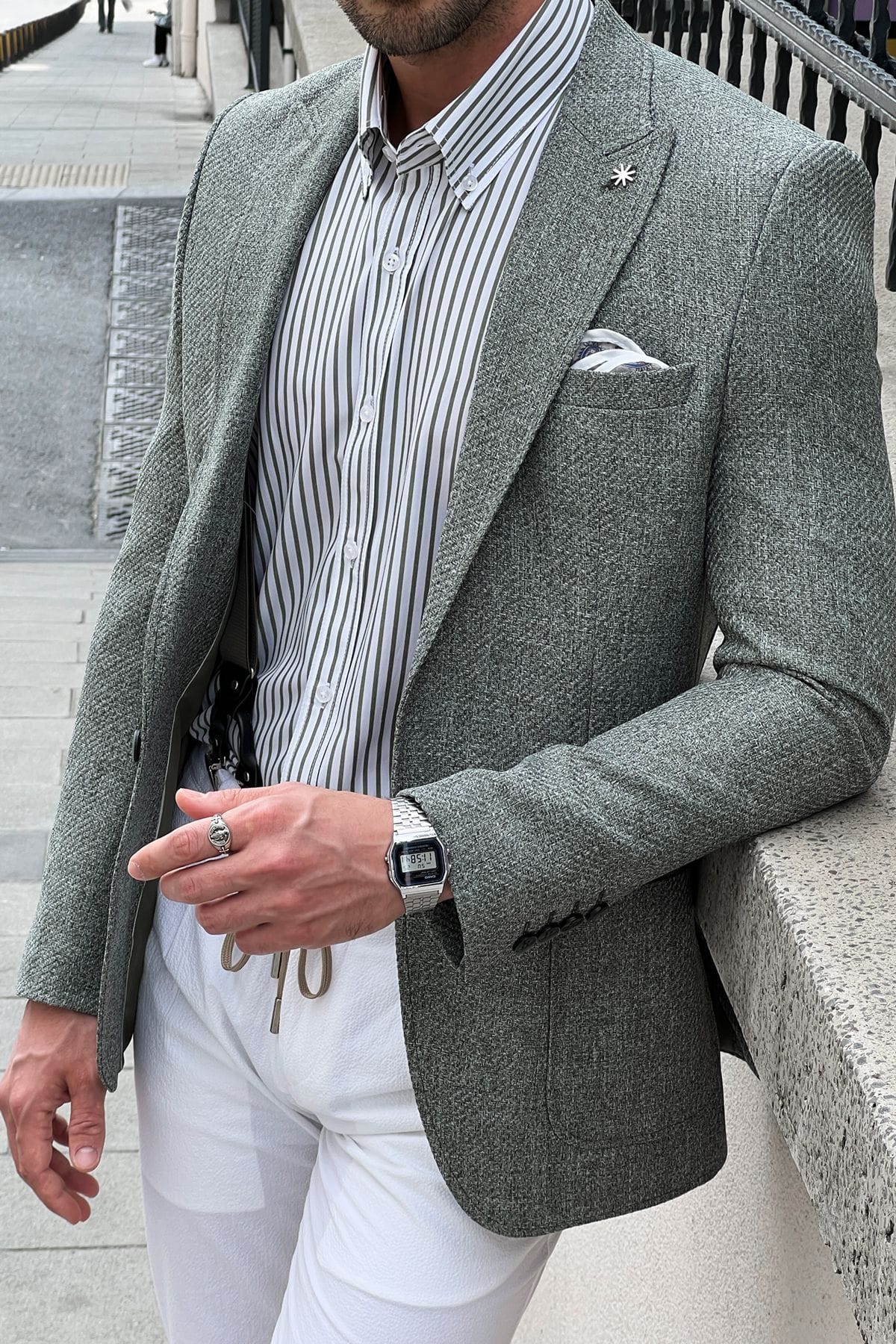 Slim-fit Self-Patterned Light Green Blazer