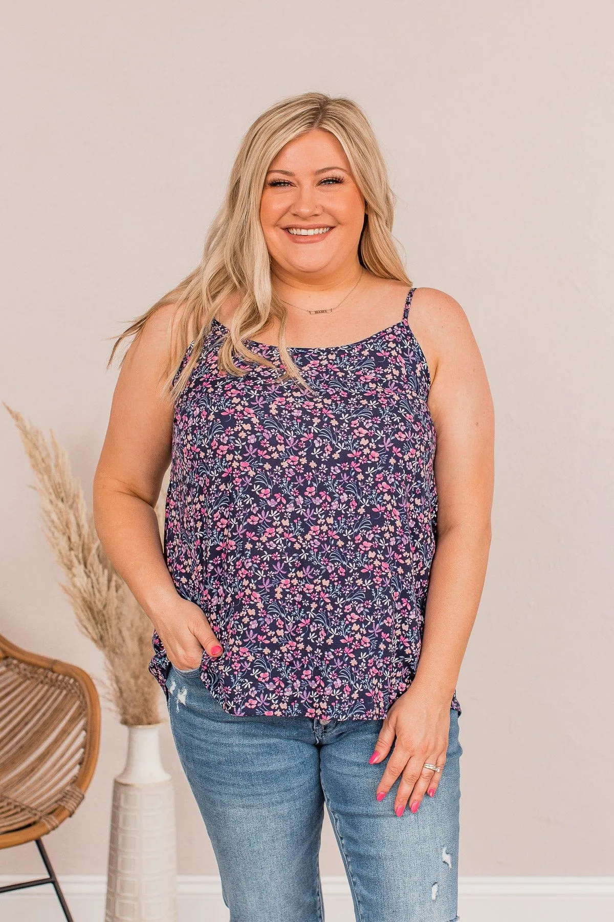 The Cutest Flower In The Field Floral Tank Top- Navy