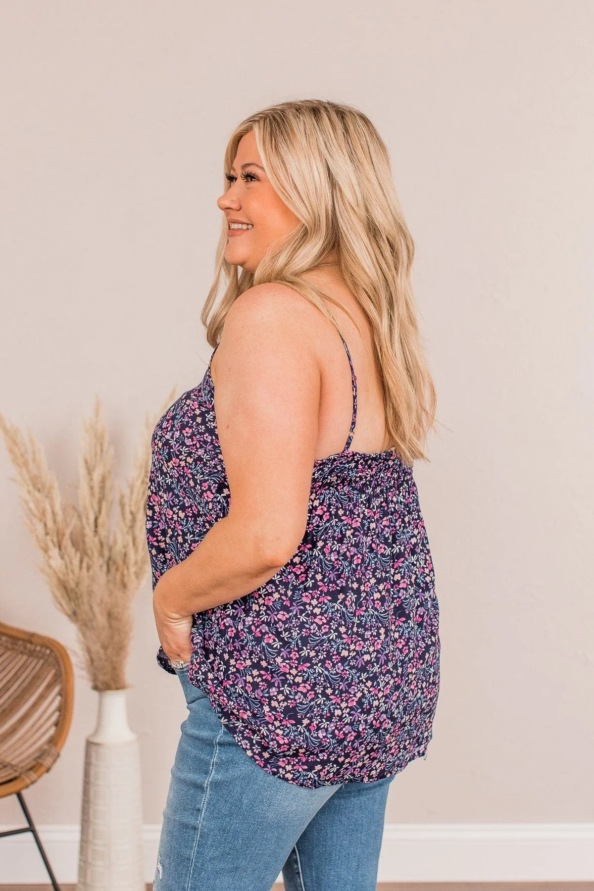 The Cutest Flower In The Field Floral Tank Top- Navy