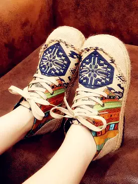 Women Spliced Linen Embroidery Shoes