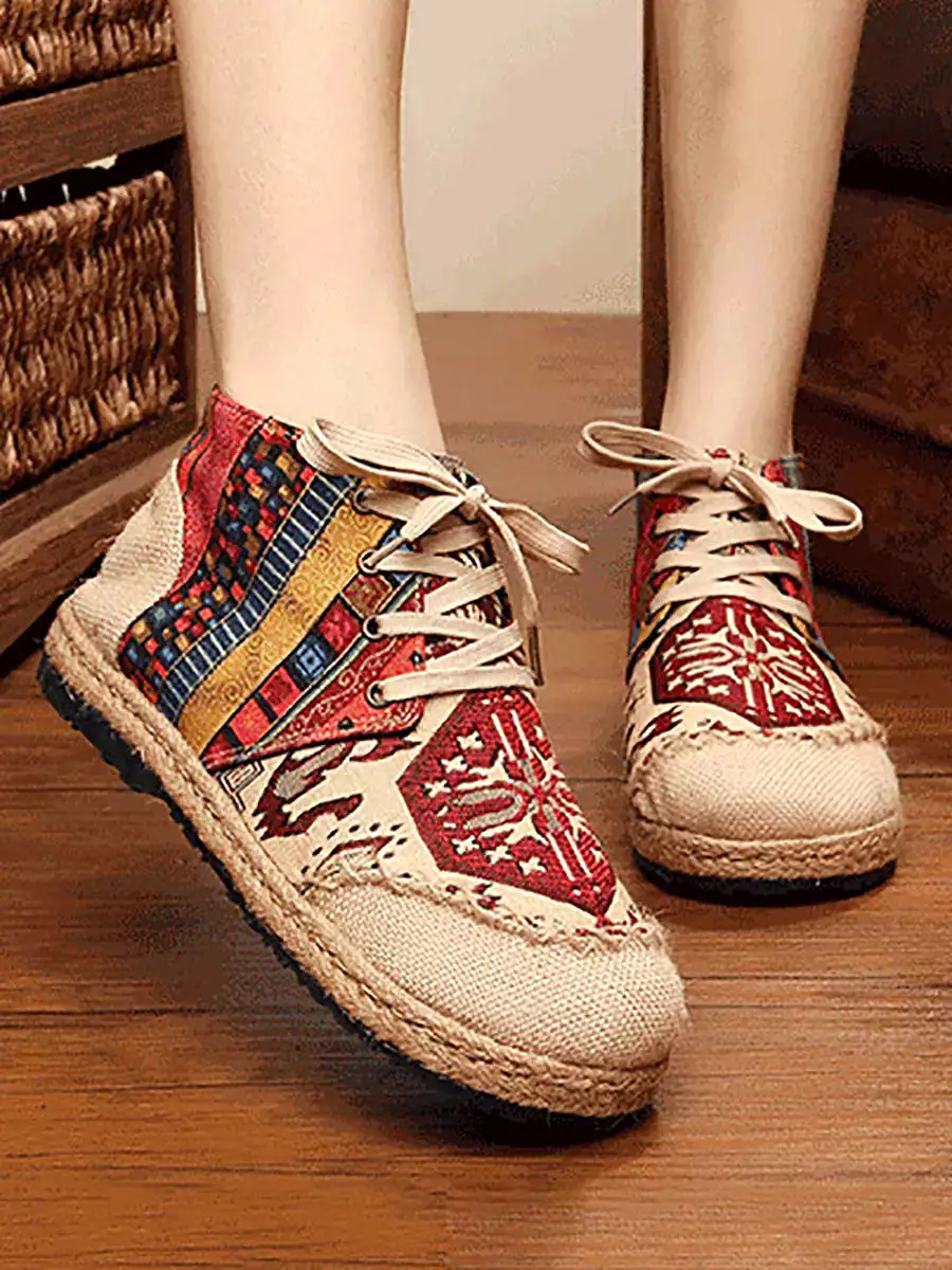 Women Spliced Linen Embroidery Shoes